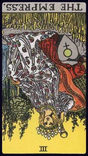 Rider-Waite-Smith tarot card of The Empress, reversed, suggesting creative blocks, dependence, or overindulgence.