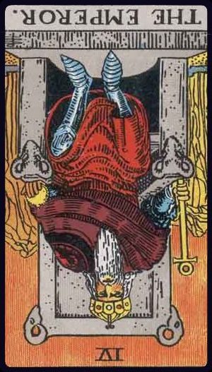 Rider-Waite-Smith tarot card of The Emperor, reversed, indicating control issues, rigidity, or power struggles.