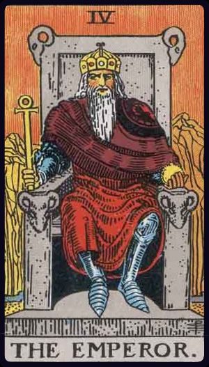 Rider-Waite-Smith tarot card of The Emperor, upright, a stern figure on a throne, symbolizing authority, structure, and stability.