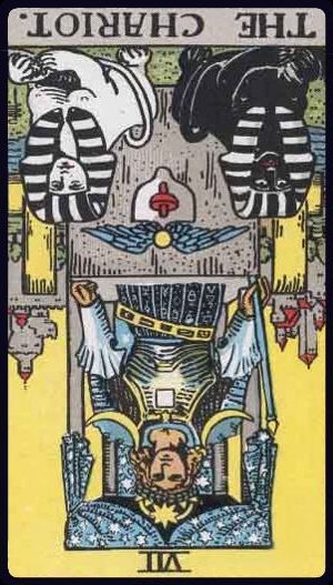 Rider-Waite-Smith tarot card of The Chariot, reversed, indicating lack of direction, forcefulness, or inner conflict.