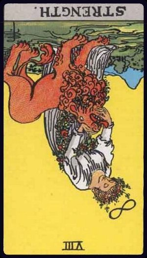 Rider-Waite-Smith tarot card of Strength, reversed, reflecting insecurity, avoidance, or emotional overwhelm.