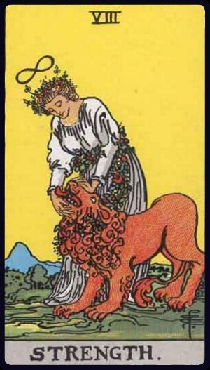 Rider-Waite-Smith tarot card of Strength, upright, a woman gently taming a lion, symbolizing inner courage and compassion.