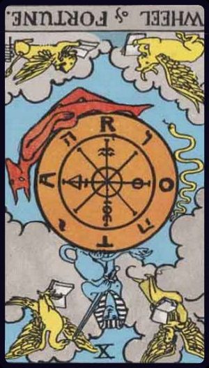 Rider-Waite-Smith tarot card of the Wheel of Fortune, reversed, indicating setbacks, stagnation, or resisting change.