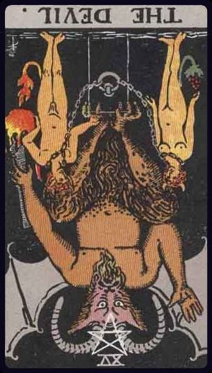 Rider-Waite-Smith tarot card of The Devil, reversed, representing liberation, awareness, or breaking free.