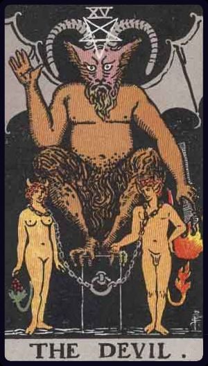 Rider-Waite-Smith tarot card of The Devil, upright, depicting chained figures beneath a horned beast, symbolizing bondage, temptation, or addiction.