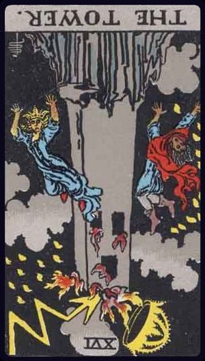 Rider-Waite-Smith tarot card of The Tower, reversed, suggesting resistance to change or delayed destruction.