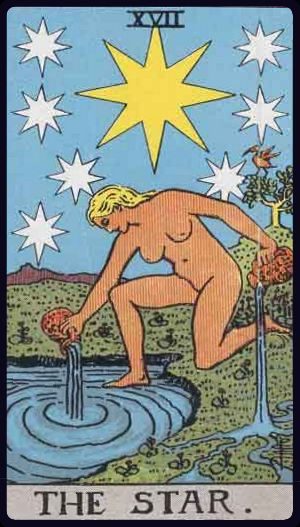Rider-Waite-Smith tarot card of The Star, upright, a woman pouring water under a starry sky, symbolizing hope, healing, and inspiration.
