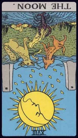 Rider-Waite-Smith tarot card of The Moon, reversed, suggesting confusion, fear, or emerging clarity.
