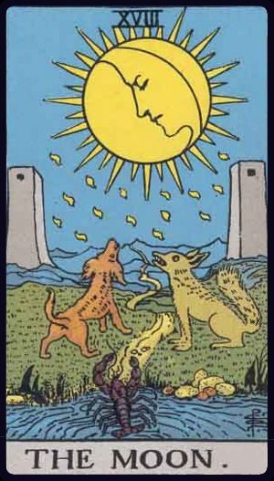 Rider-Waite-Smith tarot card of The Moon, upright, showing a moonlit path with animals and towers, symbolizing illusion and subconscious
