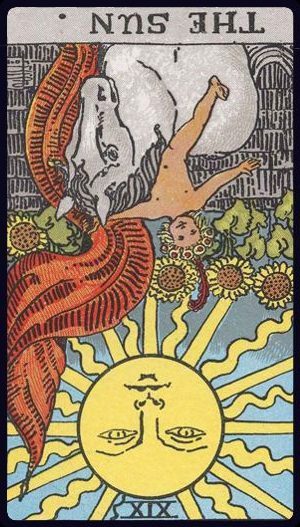 Rider-Waite-Smith tarot card of The Sun, reversed, indicating blocked joy, ego, or temporary setbacks.
