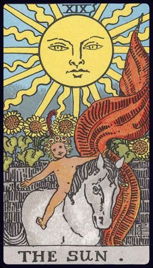 Rider-Waite-Smith tarot card of The Sun, upright, depicting a joyful child on a horse under the sun, symbolizing success and clarity.