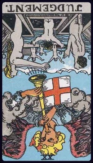 Rider-Waite-Smith tarot card of Judgement, reversed, reflecting denial, lack of closure, or fear of accountability.