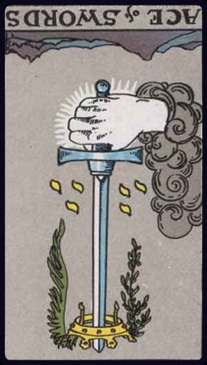 Rider-Waite-Smith tarot card depicting the Ace of Swords from the Suit of Swords, reversed position.