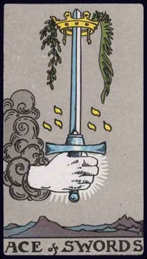 Rider-Waite-Smith tarot card depicting the Ace of Swords from the Suit of Swords, upright position.