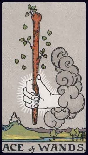Rider-Waite-Smith tarot card image of the Ace of Wands, upright.