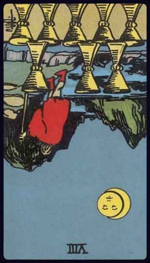 Rider-Waite-Smith tarot card showing the Eight of Cups reversed, with a sense of emotional hesitation.