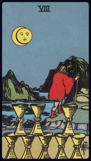 Rider-Waite-Smith tarot card showing the Eight of Cups upright, with a figure walking away from stacked cups.