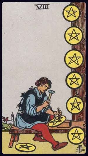Eight of Pentacles upright tarot card highlighting dedication, craftsmanship, and steady work.