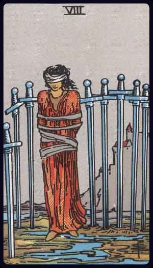 Rider-Waite-Smith tarot card depicting the Eight of Swords from the Suit of Swords, upright position.