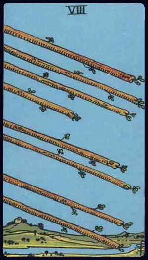 Rider-Waite-Smith tarot card image of the Eight of Wands, upright.