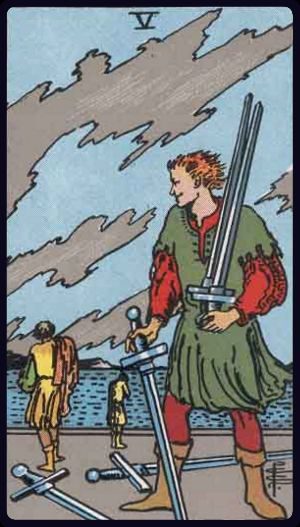 Rider-Waite-Smith tarot card depicting the Five of Swords from the Suit of Swords, upright position.