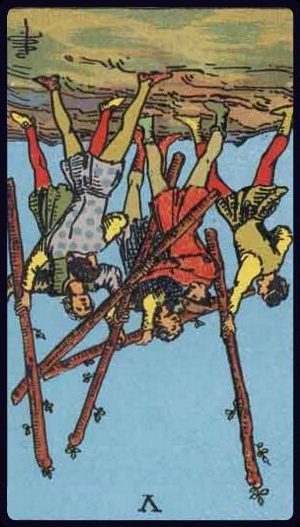 Rider-Waite-Smith tarot card image of the Five of Wands, reversed.