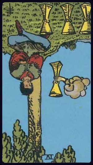 Rider-Waite-Smith tarot card showing the Four of Cups reversed, with signs of emotional openness.