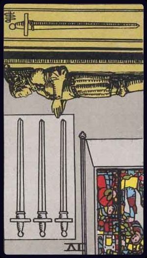 Rider-Waite-Smith tarot card depicting the Four of Swords from the Suit of Swords, reversed position.
