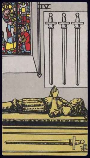 Rider-Waite-Smith tarot card depicting the Four of Swords from the Suit of Swords, upright position.