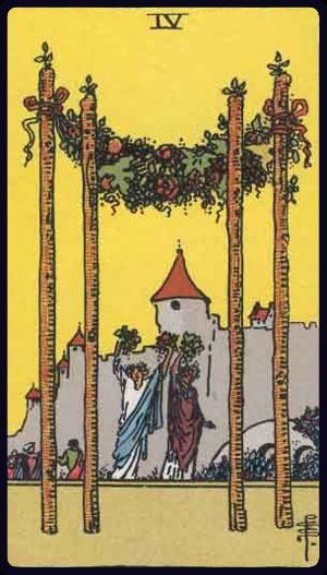 Rider-Waite-Smith tarot card image of the Four of Wands, upright.