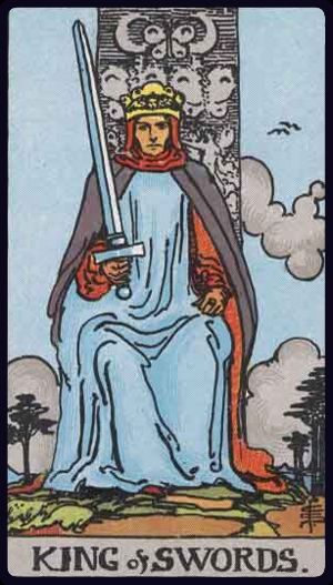 Rider-Waite-Smith tarot card depicting the King of Swords from the Suit of Swords, upright position.
