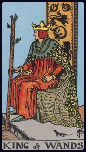 Rider-Waite-Smith tarot card image of the King of Wands, upright.