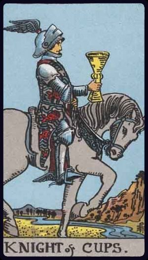 Rider-Waite-Smith tarot card showing the Knight of Cups upright, riding with a raised chalice.