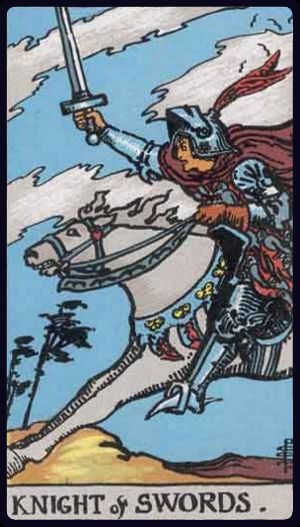 Rider-Waite-Smith tarot card depicting the Knight of Swords from the Suit of Swords, upright position.