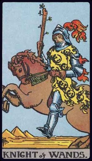 Rider-Waite-Smith tarot card image of the Knight of Wands, upright.