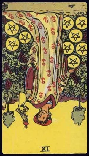 Nine of Pentacles reversed tarot card reflecting overwork, dependence, or false success.