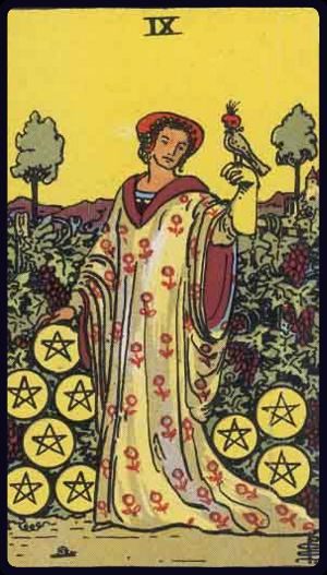 Nine of Pentacles upright tarot card showing self-sufficiency, luxury, and personal achievement.