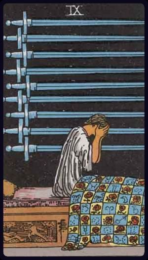 Rider-Waite-Smith tarot card depicting the Nine of Swords from the Suit of Swords, upright position.