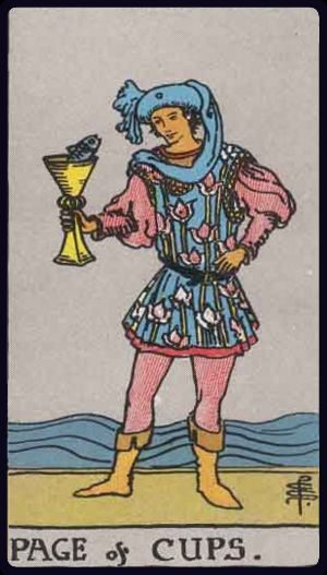 Rider-Waite-Smith tarot card showing the Page of Cups upright, holding a chalice with a fish.