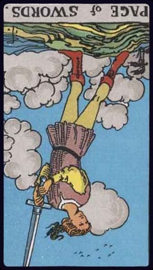 Rider-Waite-Smith tarot card depicting the Page of Swords from the Suit of Swords, reversed position.