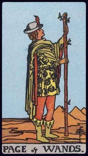 Rider-Waite-Smith tarot card image of the Page of Wands, upright.