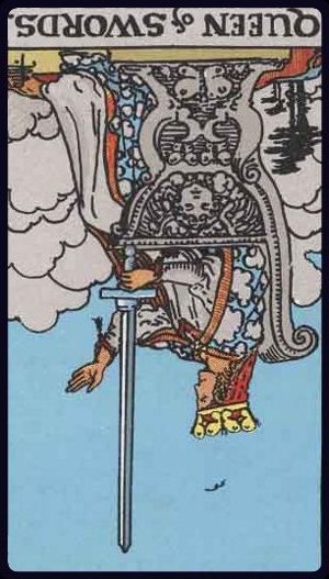 Rider-Waite-Smith tarot card depicting the Queen of Swords from the Suit of Swords, reversed position.