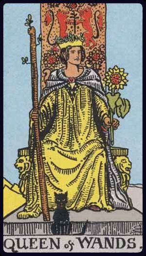Rider-Waite-Smith tarot card image of the Queen of Wands, upright.