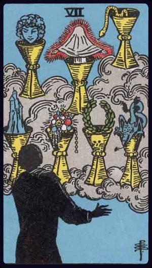 Rider-Waite-Smith tarot card showing the Seven of Cups upright, with floating chalices full of symbols.