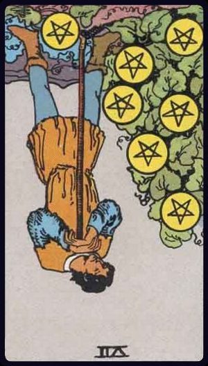 Seven of Pentacles reversed tarot card showing impatience, wasted effort, or poor return on investment.