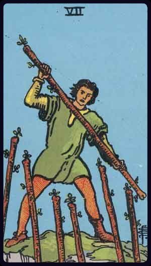 Rider-Waite-Smith tarot card image of the Seven of Wands, upright.