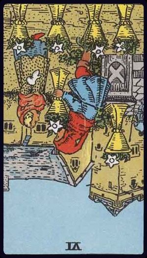 Rider-Waite-Smith tarot card showing the Six of Cups reversed, suggesting the past’s hold.