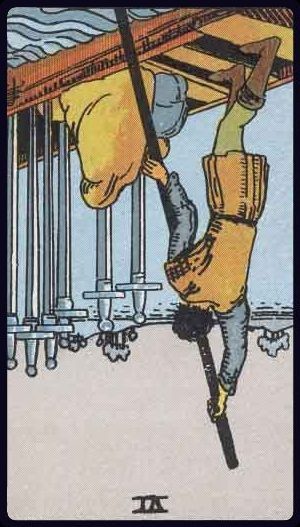 Rider-Waite-Smith tarot card depicting the Six of Swords from the Suit of Swords, reversed position.
