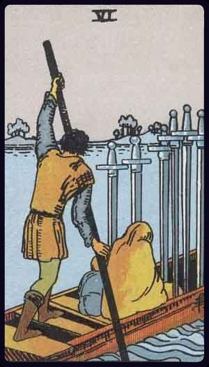 Rider-Waite-Smith tarot card depicting the Six of Swords from the Suit of Swords, upright position.