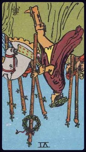 Rider-Waite-Smith tarot card image of the Six of Wands, reversed.